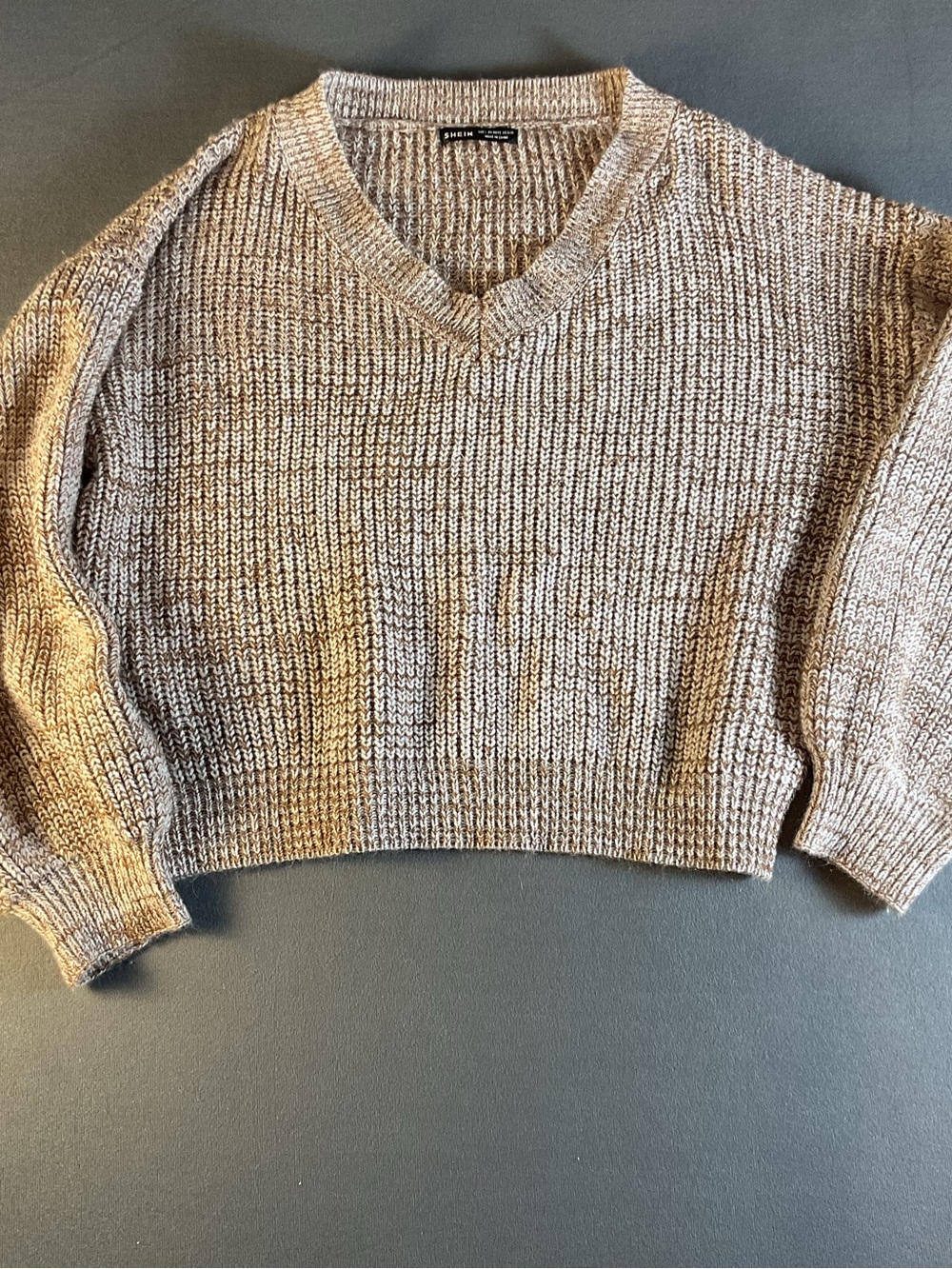 SHEIN Neutral Beige Marled V-Neck Knit Sweater